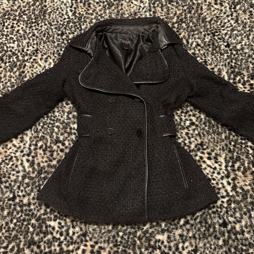 Victoria's Secret Black Textured Peacoat with Tailored Waist